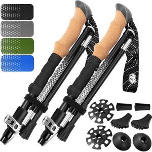 Premium Foldable Hiking Poles by USA Brand - Adjustable, Lightweight Trekking Poles Made of Aircraft Aluminum, Metal Flip Locks & Comfortable Real Cork and EVA Foam Grips